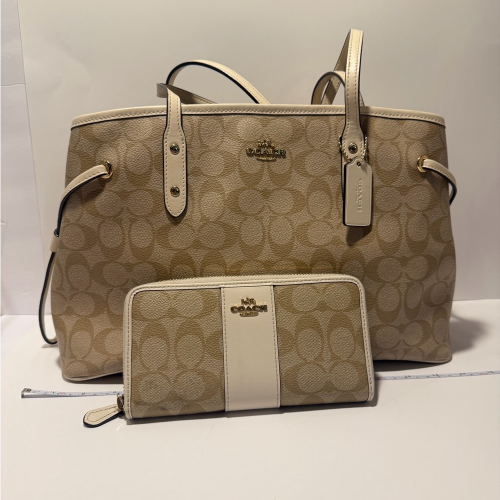 Coach Beige Signature Tote and Wallet Set